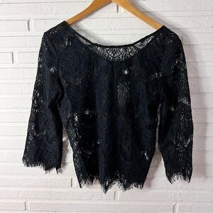 Ezra Black Sheer Lace 3/4 Length Sleeve Blouse, Women’s Size Large
